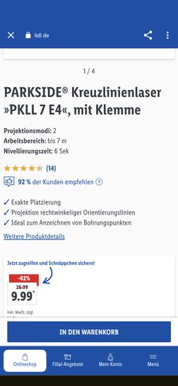 für 15,94€ E4 mydealz 7 Onlineshop] PKLL mit Klemme | PARKSIDE Kreuzlinienlaser [Lidl
