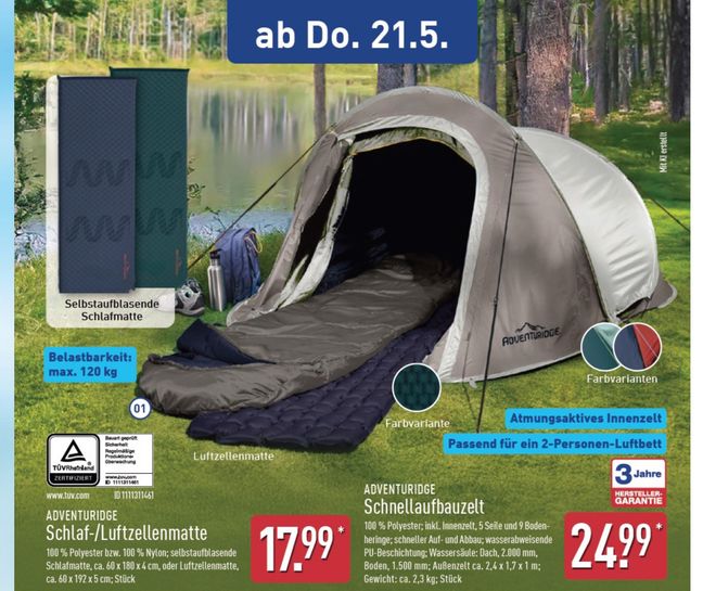Pop-Up-Zelt fr 2 Personen  ALDI Sd, zweilagig, 2,3 kg, ab 21.5 bei ALDI  SD at ALDI SD| mydealz