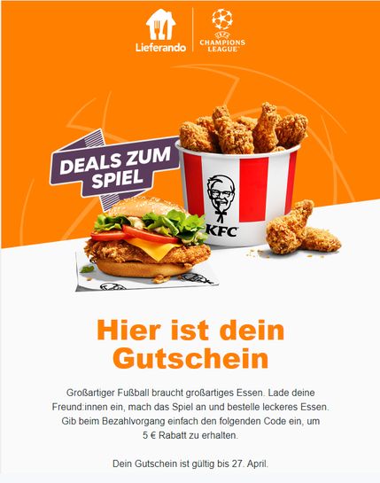 Für lieferando/KFC/Subway einen 3€/5€ bei erhalten 10€ Gutschein lieferando bestellen, | mydealz