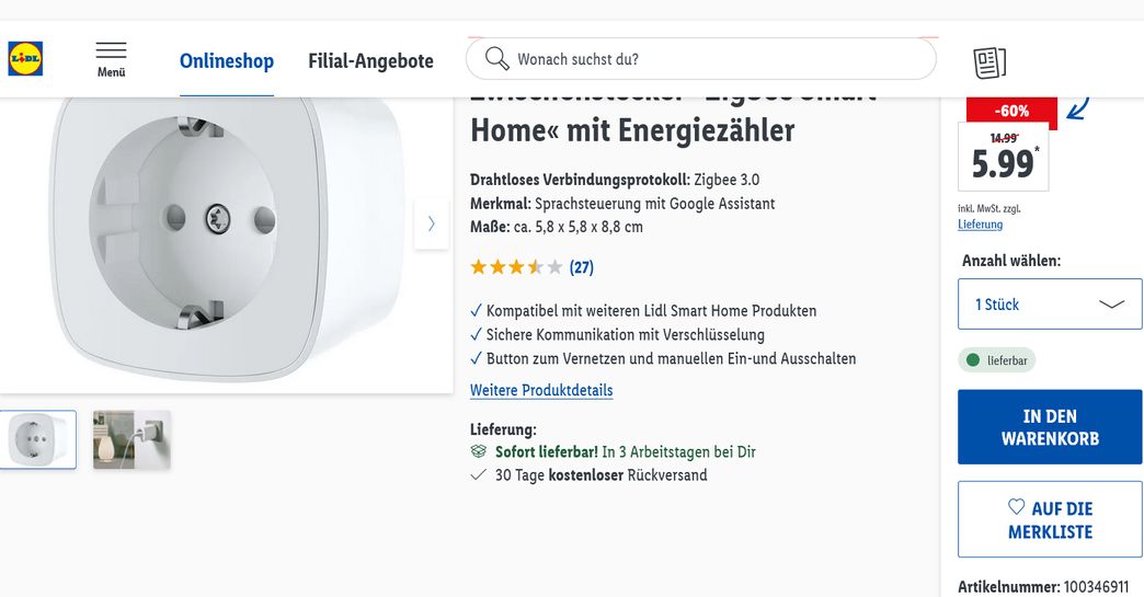 Energiemessung mit Zigbee von mydealz Steckdosen Zwischenstecker Silvercrest für 5,99€ |