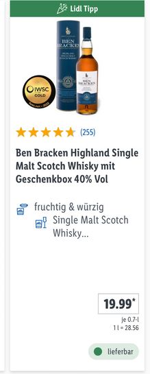 offline bundesweit) Ben Bracken 40% Highland Whiskey Filialen Scotch LIDL mydealz Malt 0,7l | Single
