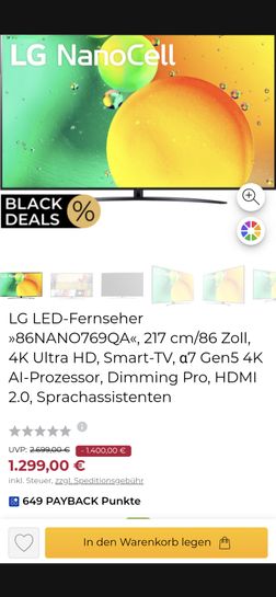LG 86NANO769QA LED-Fernseher Zoll, | AI-Prozessor, HD, (217 cm/86 4K α7 Pro, Smart-TV, Dimming mydealz Gen5 Ultra 4K Sprachassistenten)