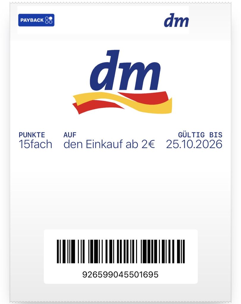 Payback + dm: 15-fach Coupon auf den Einkauf vor Ort oder online bei dm
