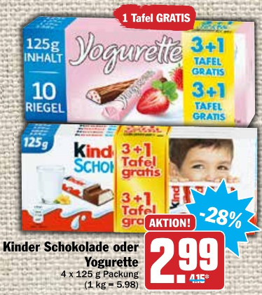 Kinder Schokolade Oder Yogurette 4 Tafeln A 125 Gr Fur 2 99