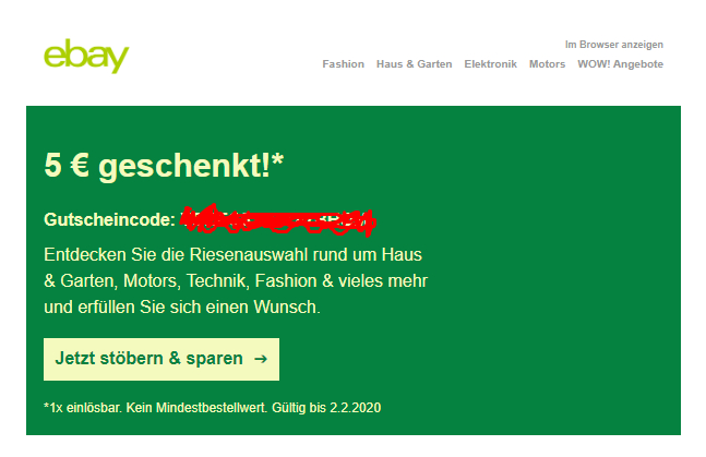 Personalisierte Mail 5 Gutschein Auf Ebay Sortiment Freebies