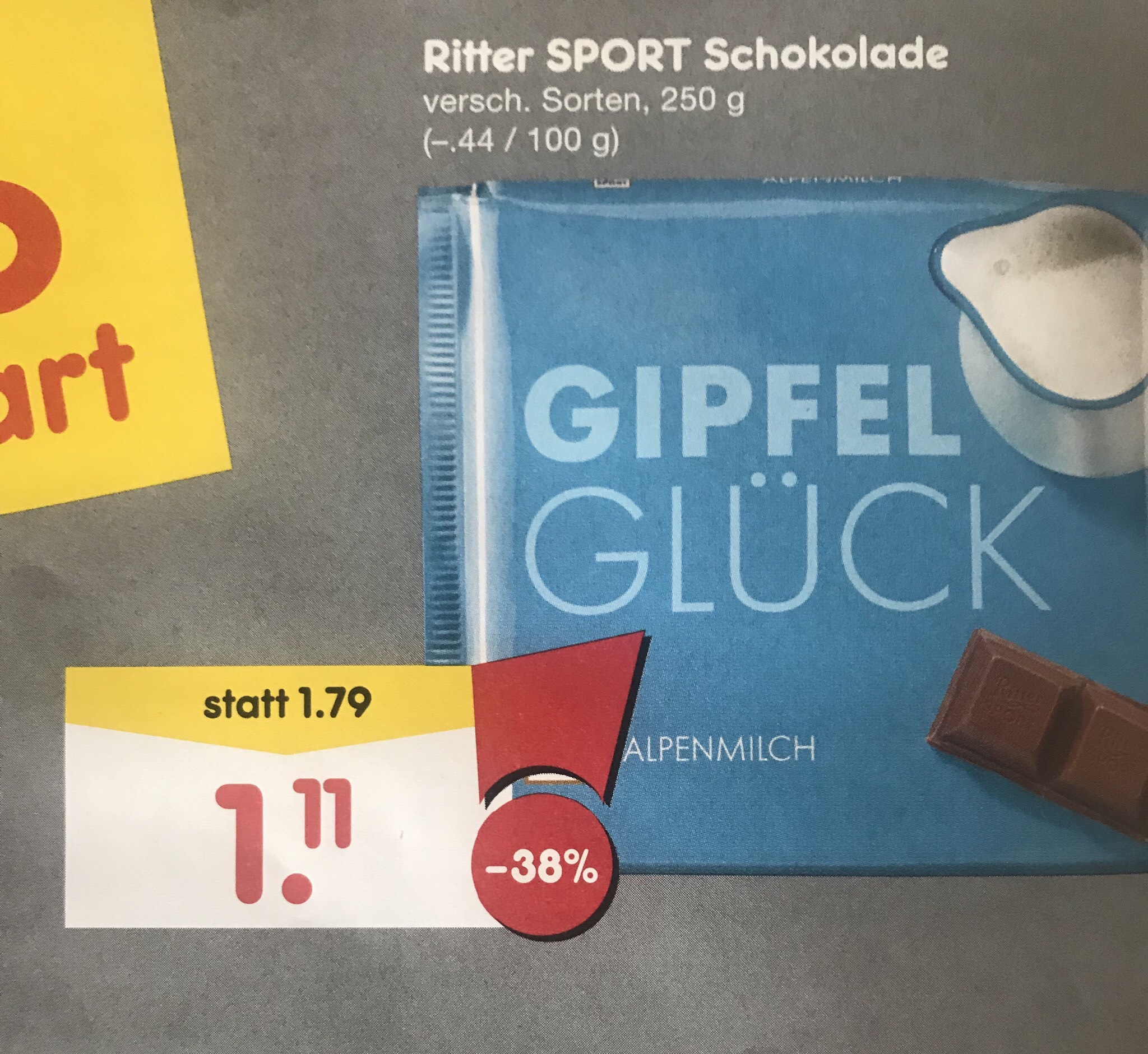 Lokal Ritter Sport 250g Versch Sorten 44cent 100 G Beim Netto