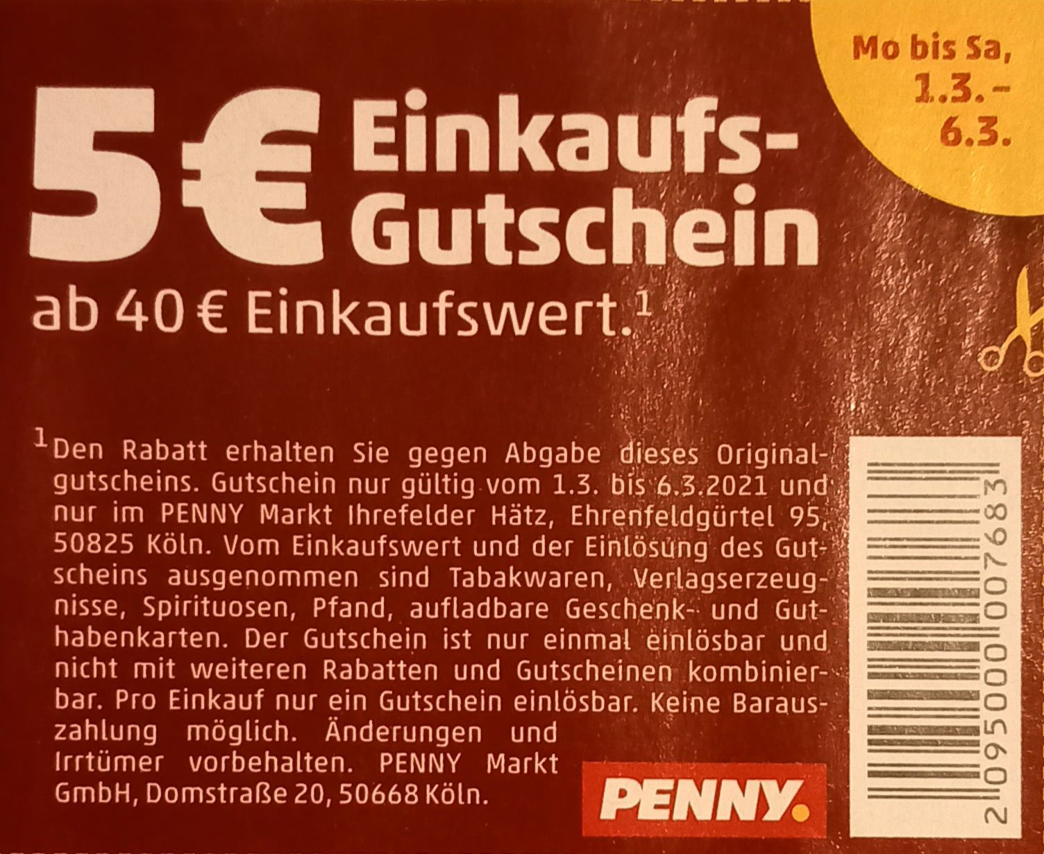 Penny 5€ Gutschein-Code ab 40€ MEW, 01.03.-06.03 ...