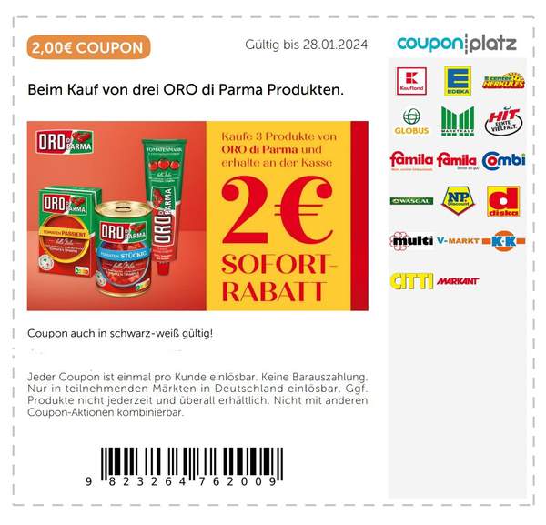 3 Produkte von ORO di Parma kaufen & 2€ Sofort-Rabatt erhalten (Couponplatz  + digitalen Coupon)