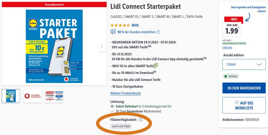 Lidl Connect 10 1,99 mydealz mit € € Starterset Prepaid | für Startguthaben (VF-Netz)