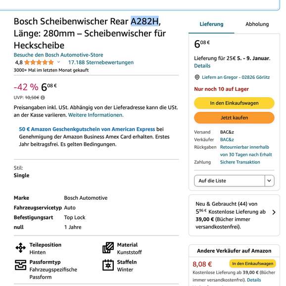 günstige Heckwischer von Bosch zB Rear H307 (Suzuki Jeep) 4€, Rear H309,  Länge: 300mm für viele Toyota 4,52€ (Prime)