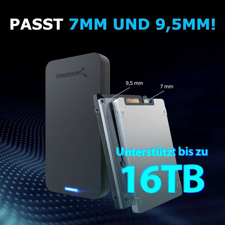 [Prime] Sabrent EC-UASP Festplattengehäuse (für 2.5" HDDs und SATA SSDs bis 9.5mm, werkzeuglose Montage, USB-A 3.0, An-/Aus-Schalter)