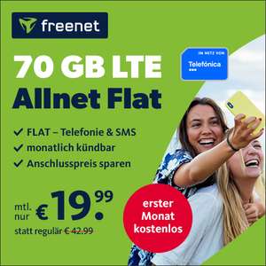 70GB LTE (225 Mbit/s) freenet green LTE Tarif im Telefonica-Netz: mtl. 19,99€ + 20€ Startguthaben (0€ AG bei Werbeerlaubnis, mtl. kündbar)