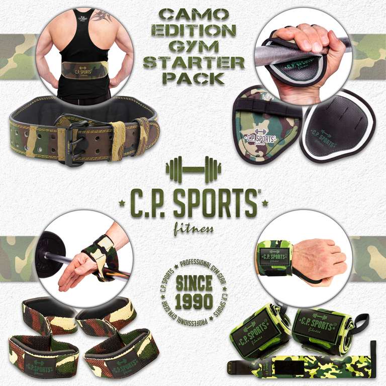 C.P. Sports Camo Edition Gym Starter Pack: Gewichthebergürtel (XS-XXL) + Zughilfen + Handgelenkbandagen + Power Grips