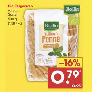 [NETTO] BioBio Nudeln 500g Bio-Teigwaren (1,58€/kg) Vollkorn-Penne, Fusilli, …
