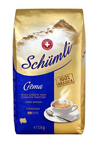 [Amazon Prime] Schümli Crema Ganze Kaffeebohnen (1kg, Stärkegrad 2/5, Premium Arabica) 1er Pack x 1kg