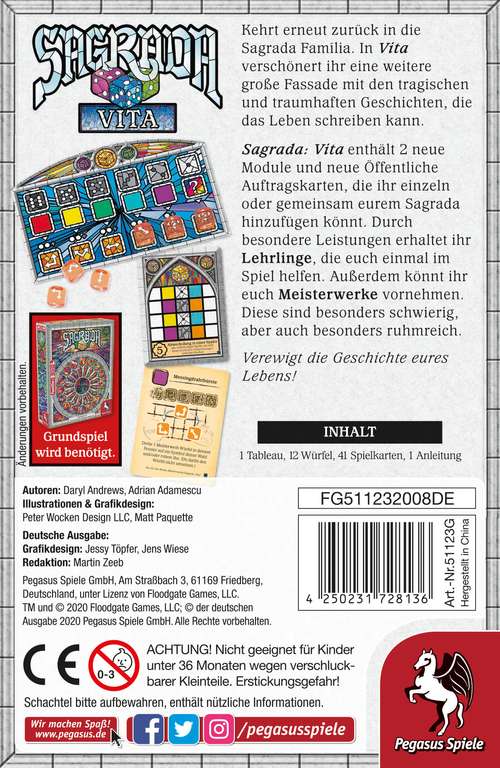 [prime] Sagrada: Vita / Die großen Fassaden Erweiterung / Gesellschaftsspiel / Pegasus Spiele / bgg 7.8