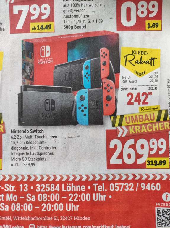 (lokal) Nintendo Switch (weitere Rabatte möglich) Marktkauf Löhne/Edeka