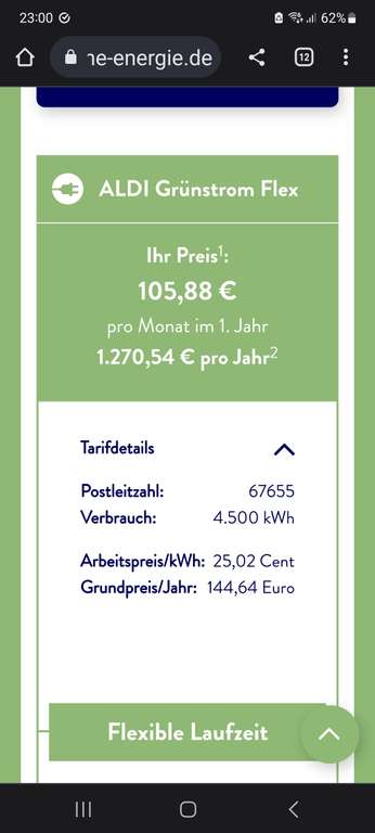 (Update 20.07) Aldi Gruene Energie Strom 25, 02 Cent/kWh + 144,64 Grundpreis/Jahr (Kaiserslautern) 12 Mon. Preisgarantie, mtl. kündbar