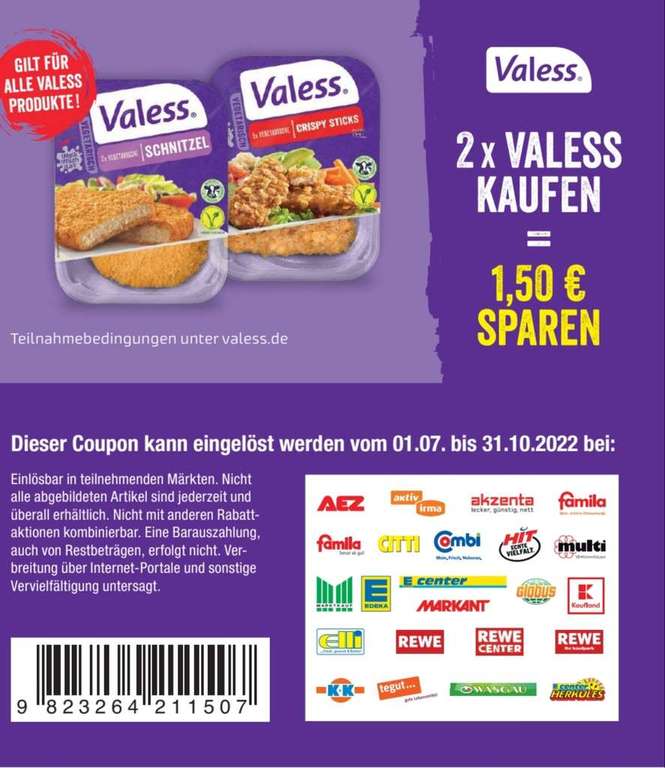 [Kaufland] 2x Valess Produkte nach Wahl für effektiv 1,24€/Packung (Angebot + Coupon) - bundesweit