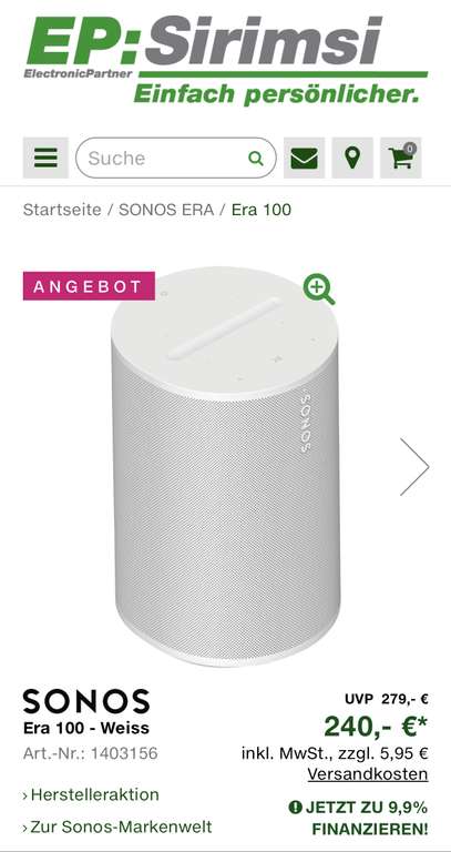 Sonos Era 100 weiß / schwarz für 245,95€ inkl. Versand