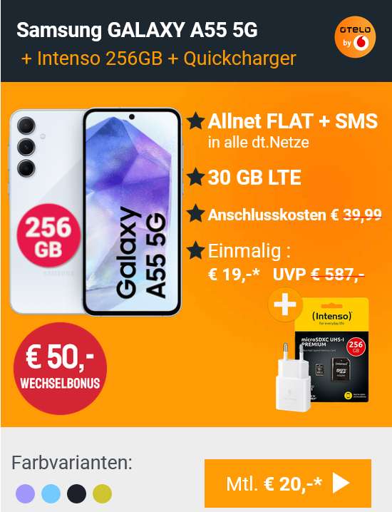 Vodafone Netz: Samsung Galaxy A55 256GB & Ladegerät & SD Card, Otelo Allnet/SMS Flat 30GB LTE 19,99€/Monat, 0€ AG, 50€ RNM, 19€ Zuzahlung