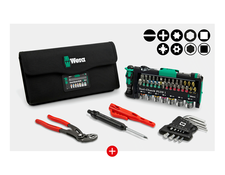 Set aus Wera Tool Check PLUS 1 39-teilig + Tasche, e.s. Wasserpumpenzange, e.s. Winkelschlüssel-Satz, e.s. Bau/Tieflochmarker