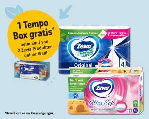 Rewe 2 Zewa Produkte (z.B. Küchenrolle oder Toilettenpapier) kaufen 1 Tempo Box gratis