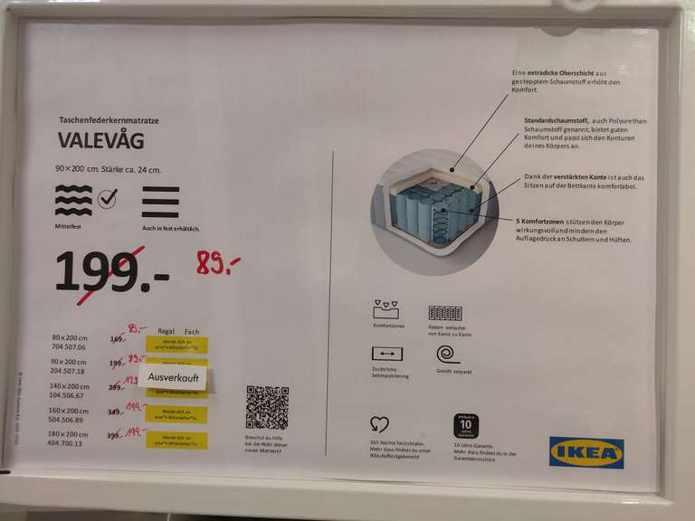 (lokal? Braunschweig) Ikea Valevag Matratze über 50% günstiger in allen Größen ("Letzte Chance")