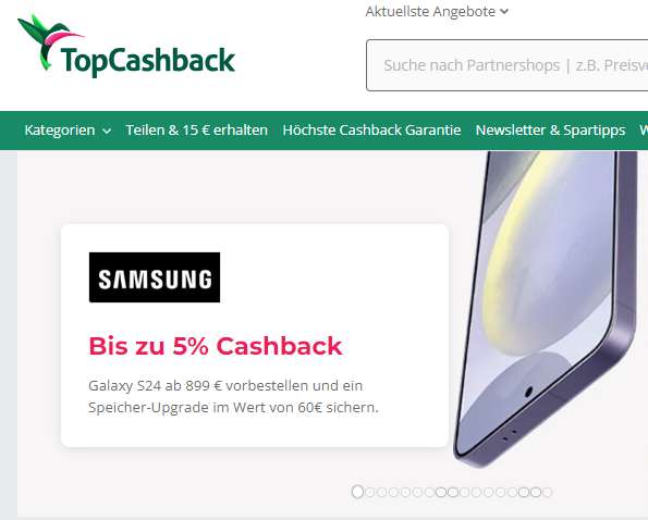 TopCashback erhöhtes Cashback für den Samsung Online Shop auf das Galaxy S24