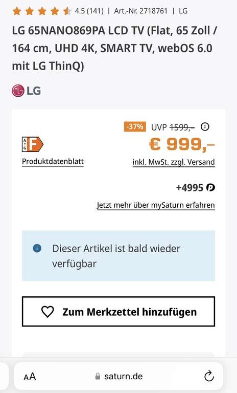 [Euronics Lokal Düsseldorf] LG 65NANO869PA TV 164 cm (65 Zoll) 120 Hz (2021 Modell) Abholung kostenlos o. zzgl. 49,99€ Vers. Aussteller