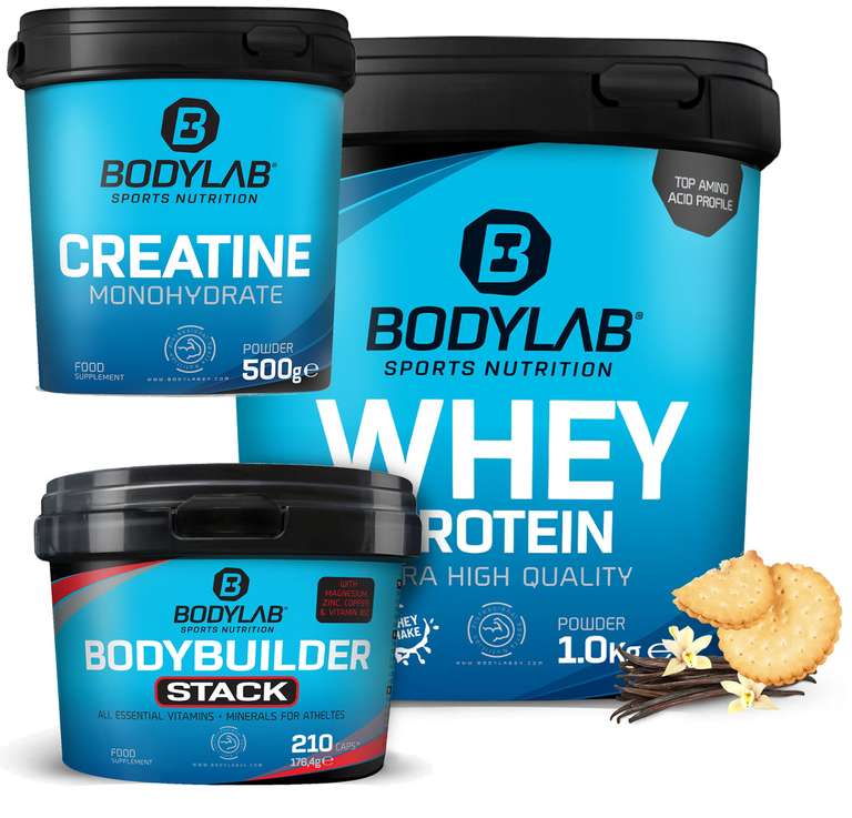 210 Kapseln Bodylab Bodybuilder Stack + 1kg Whey Protein + 500g Creatin (+ 30ml Flavour Drops)