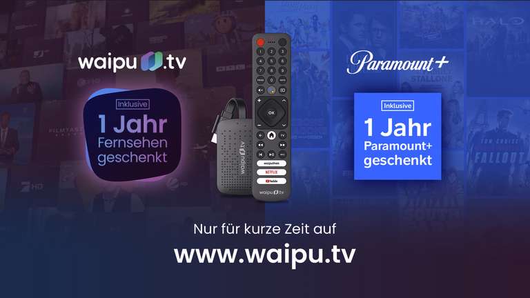 waipu.tv: 1 Jahr Waipu Perfect Plus mit 4K Stick + 12 Monate Paramount+ für einmalig 59,99€ + 4,99€ VSK | ca. 5,42€ mtl.