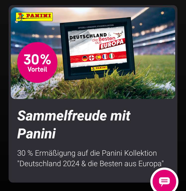 (Telekom Magenta Moments) 30% Rabatt auf Panini Box (50 Tüten mit je 6 Stickern) "Deutschland 2024 & die Besten aus Europa"