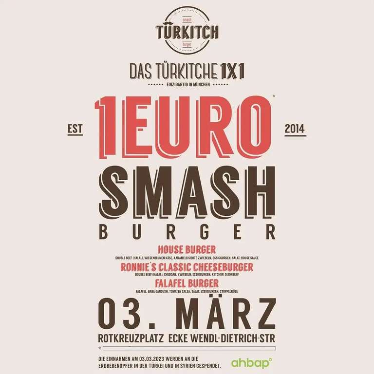 [Lokal München]Türkitch Smash Burger für 1€ am 03.03.23 am Rotkreuzplatz