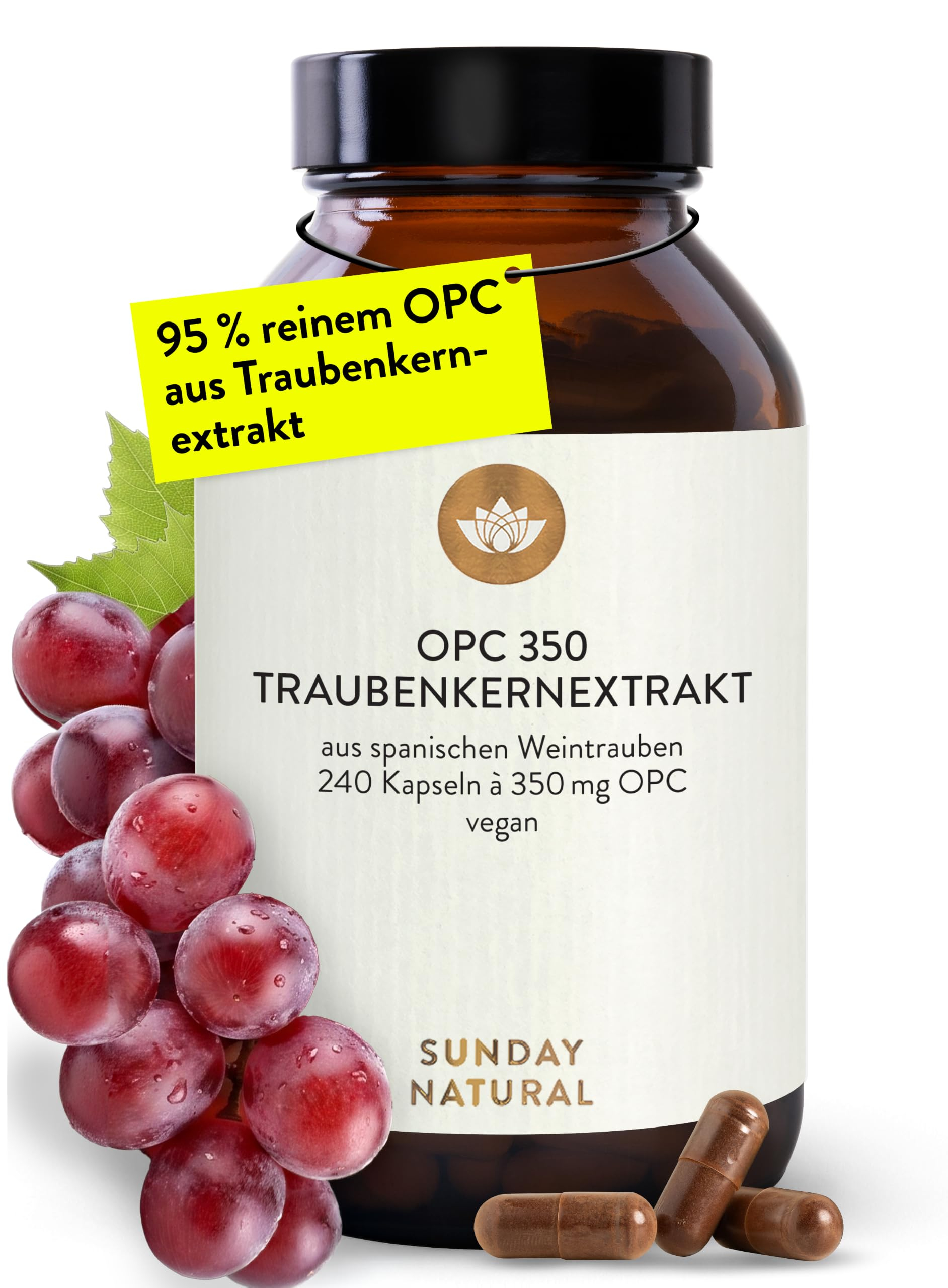 Sunday Natural OPC Traubenkernextrakt – 240 Kapseln mit 700mg O.P.C. pro Tagesesdosis – 95% reinem O.P.C.