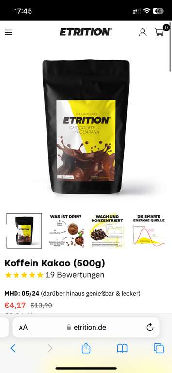 Koffein Kakao, 500g von Etrition 70% reduziert (MHD 05/24)
