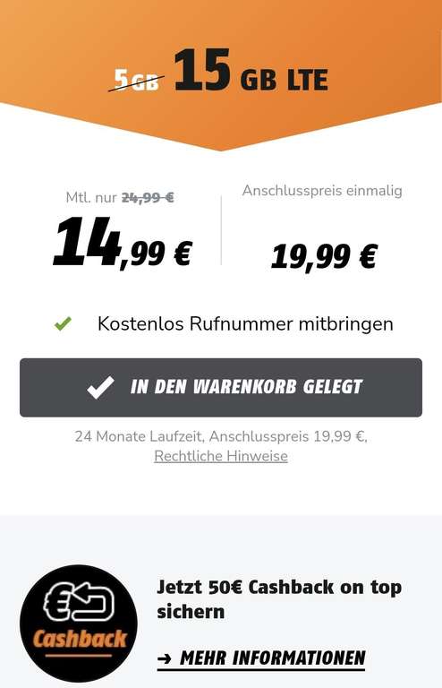 15GB im D-Netz für 14,99€/Monat inkl. 50€ Cashback