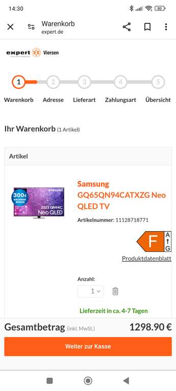 Samsung GQ65QN94CATXZG Neo QLED TV (65 Zoll (163 cm), 4K UHD, HDR + Caschback 250 eff. 1048,90