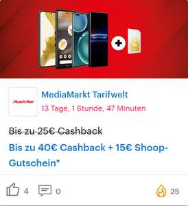 Shoop: 25€ Cashback für Bestellungen in der MediaMarkt Tarifwelt (10€ Cashback & 15€ Shoop Gutschein)