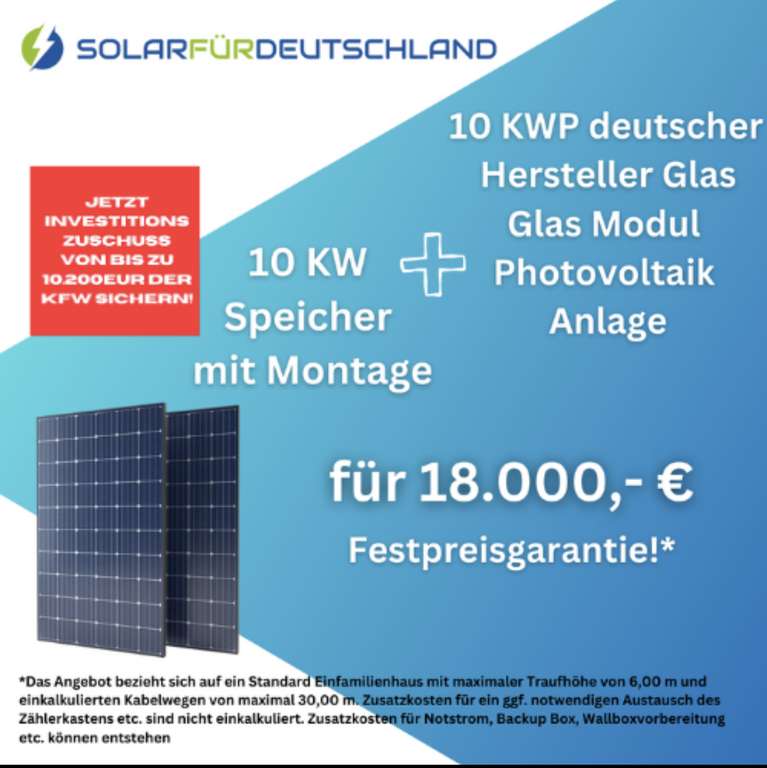 Solaranlage 10kWp, 10er Speicher + Montage! 18.000€