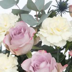 6 Blumensträuße im Angebot: z.B. In Gedanken bei Dir: Strauß aus Rosen, Nelken, Disteln & Eukalyptus für 28,44 € statt 40,94 € inkl. Versand