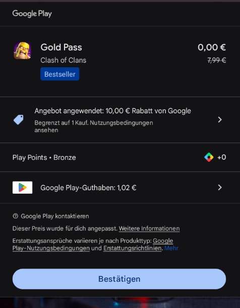 Google Play Spiele (Beta) einmaliger 10€ Rabatt auf der PC Anwendung für CoC Gold Pass (vllt auch andere Spiele)