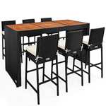 Polyrattan Bar-Set 7-tlg. Akazienholz inkl. Sitzauflagen | 6x Stühle | 1x Tisch | 6 Sitzauflagen | 3x Akazienholz Tischplatten