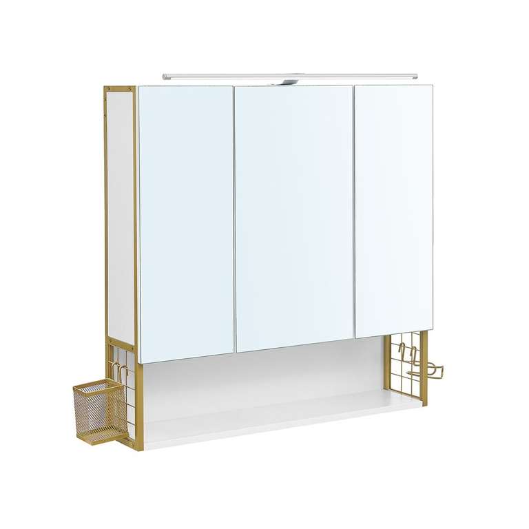 VASAGLE Spiegelschrank mit Beleuchtung in Weiß/Gold | inkl. Aufbewahrungskorb & Haartrockner-Halter | 70 x 14,5 x 70 cm (L x B x H)
