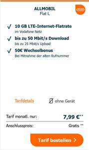 Vodafone, Sim Only: Allnet/SMS Flat 10GB LTE bis 50Mbit/s für dauerhaft 7,99€/Monat (eff. 5,28€), 0€ AG, 50€ Wechselbonus, 15€ Cashback