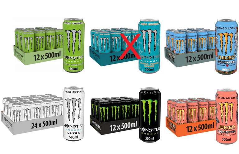 [Prime Sparabo] Monster Energy Sammeldeal (6 Sorten ab 9,54€), z.B. Monster Energy Ultra White, zero Zucker, 24x500 ml (0,76€ pro Dose)