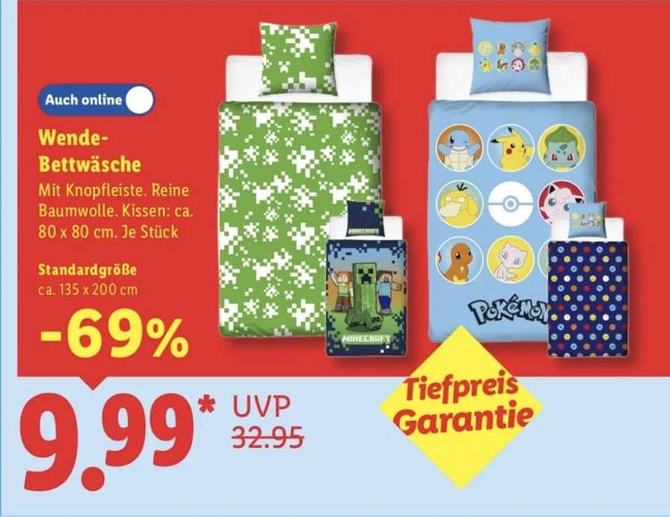 Minecraft & Pokémon Wendebettwäsche 135×200 cm – 9,99€ bei Lidl, lokal at Lidl