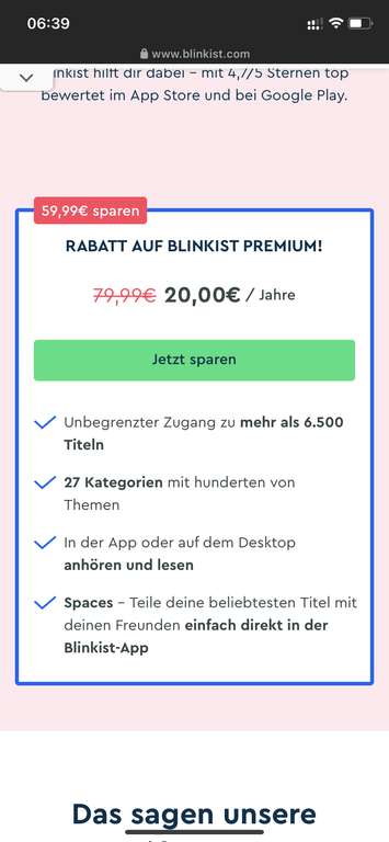 Blinkist 75% Rabatt - 1 Jahr 20€ (evtl. personalisiert) über Instagram