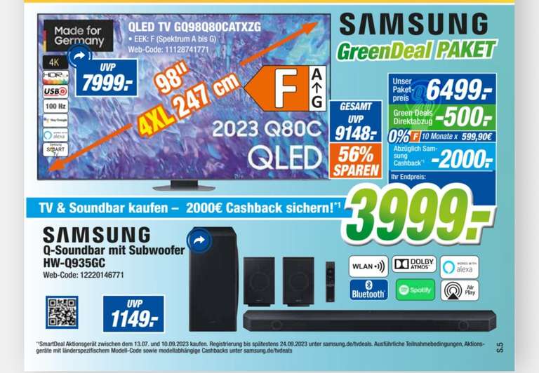 Lokal - Samsung 98 Q80C (247 cm Diagonale, QLED, FALD, 120 Hz, Twin Triple Tuner, 4xHDMI 2.1) + HW-Q935GC (Dolby Atmos Soundbar) eff. 3999 €