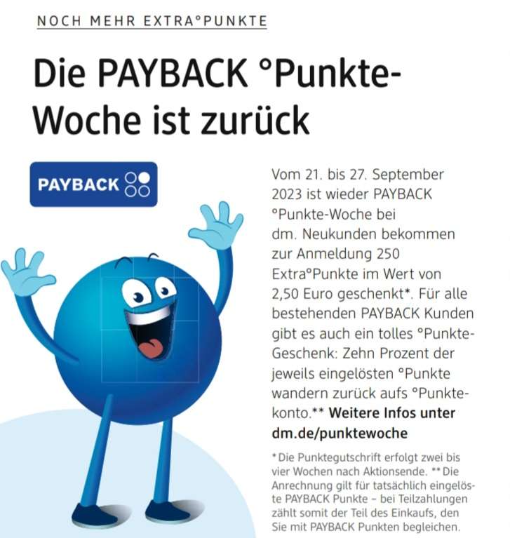 dm Payback Punkte-Woche: Payback-Punkte einlösen und 10% als Extra-Punkte zurückerhalten | 21.09. - 27.09.